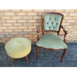 A button back bedroom chair and a Sherborne upholstered footstool