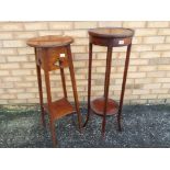 An oak plant stand with lower gallery and a mahogany inlaid plant stand with lower gallery (2) Est