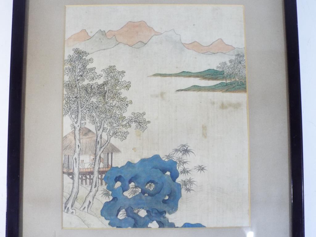 Chinese Art - a lakeside view depicting scholars in leisurely pursuits in a hut beside a taihu rock,