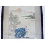 Chinese Art - a lakeside view depicting scholars in leisurely pursuits in a hut beside a taihu rock,