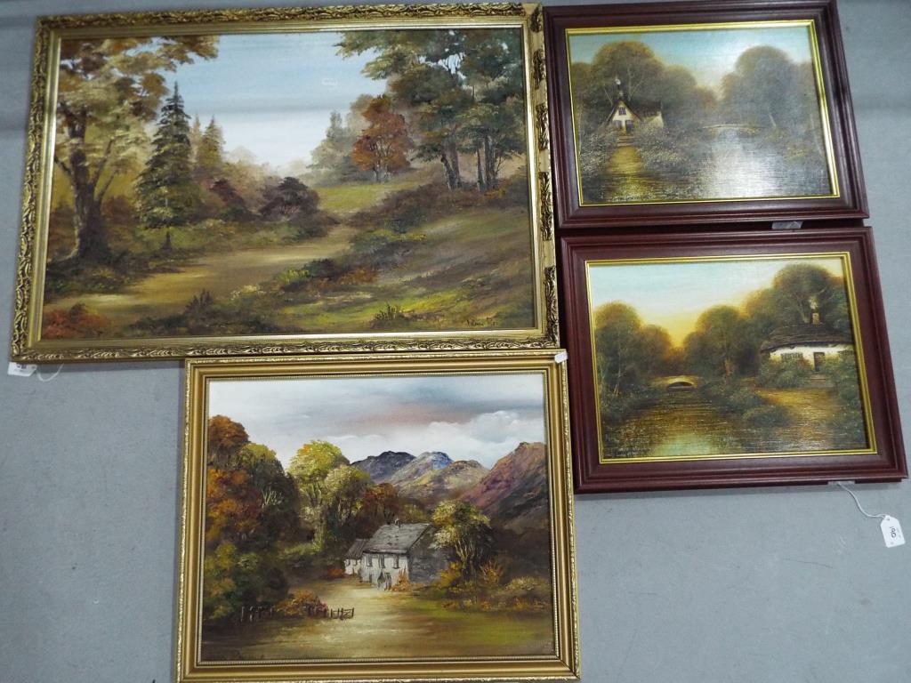 Two framed oils on board depicting rural scenes, signed by the artist Jean Rennie,