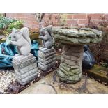 Garden stoneware - two squirrels on bases 50 cm (h) and a bird bath 44 cm (h) [3] Est £20 - £30