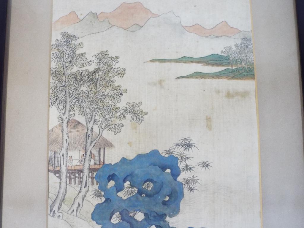 Chinese Art - a lakeside view depicting scholars in leisurely pursuits in a hut beside a taihu rock, - Image 2 of 2