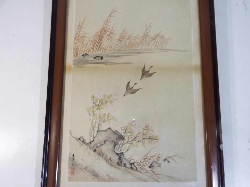 Wang Ziyuan, Chinese Art - a pair of ducks flying above pine trees and prunus, - Image 2 of 4