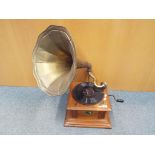 A 1930's style HMV gramophone with brass horn Est £30 - £50