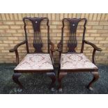 Two large mahogany carver dining chairs with upholstered floral seats [2]