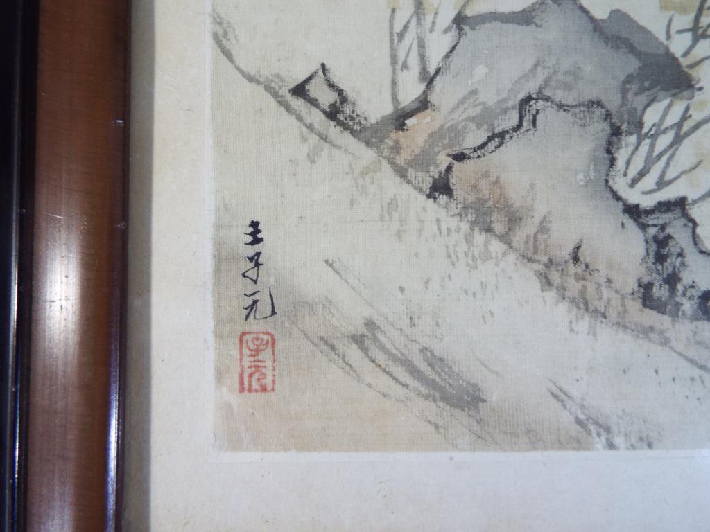 Wang Ziyuan, Chinese Art - a pair of ducks flying above pine trees and prunus, - Image 3 of 4