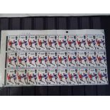 Philately - Great Britain 1966 4d England Winners issue pane of 30 mint stamps showing red shirt