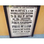 A framed auction poster advertising building land in Birkenhead and Poulton-Cum-Seacombe to be sold