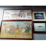 A large cloth picture framed under glass depicting Krishna and Arjuna heading to the Battle of
