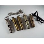 Police - five vintage Police whistles comprising two off Liverpool Police, City Police (R.A.