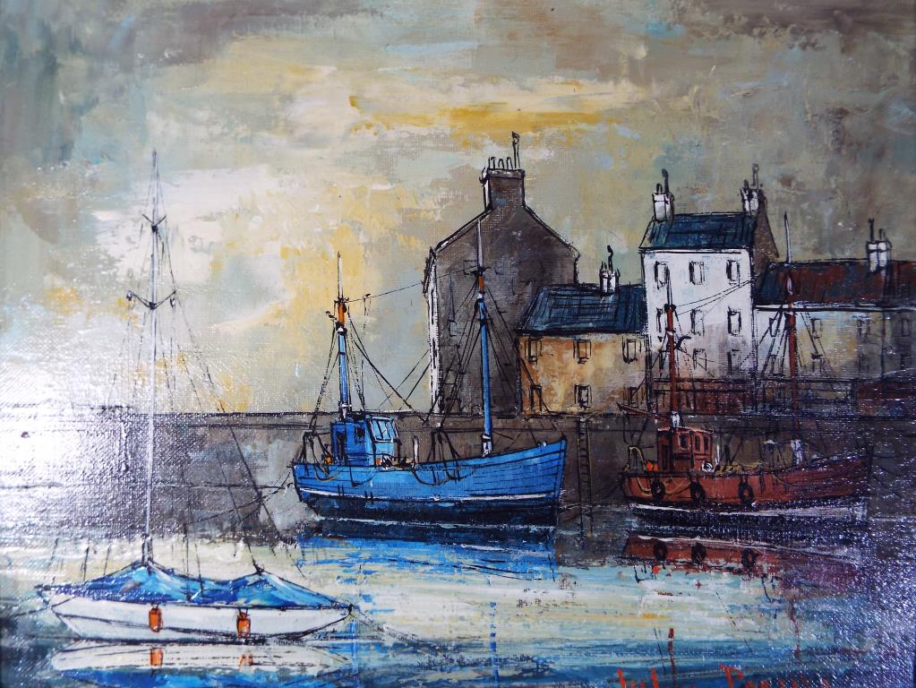 Julien Porisse - a framed oil on canvas by Julien Porisse (French b:1927) depicting a harbour scene,