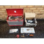 A Halfords professional tool chest, containing a quantity of hand tools, a Wickes bench grinder,