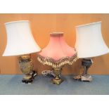 Three decorative table lamps, largest approximately 67 cm (h), with shades.