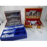 Two canteens of cutlery one by Ashberry of Sheffield and a boxed set of six Lancashire crystal