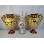 A pair of large twin handled ceramic vases with gild foliate decoration approximately 37 cm [h] and