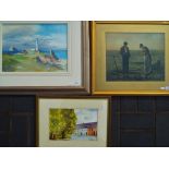 Lot to include a watercolour depicting a village scene, mounted and framed under glass,