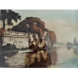 A framed limited edition etching #117 of 200, depicting a riverside scene,