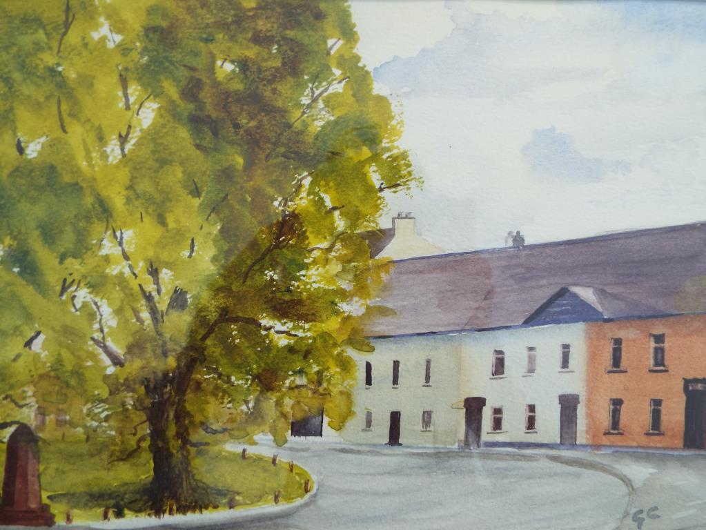 Lot to include a watercolour depicting a village scene, mounted and framed under glass, - Image 2 of 4