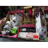 Two boxes containing a good mixed lot of glassware, ceramics, brass and similar,