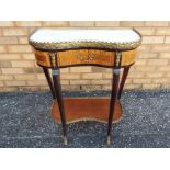 Good quality serpentine front side table with brass mounts, inlaid decoration and central drawer,