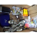 A good mixed lot to include a quantity of paired costume earrings, plated flatware,