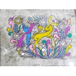 A colorful painting, depicting stylized animals and flower , framed under glass,
