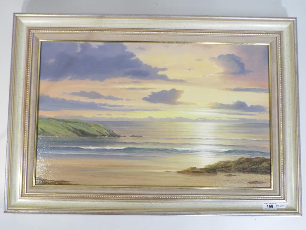 A Duval - a Seascape at sunset, oil on canvas, signed, image size 37 cm x 59.