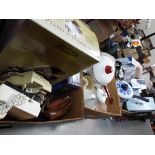 Three boxes containing a mixed lot to include vintage cameras, unused retail stock,