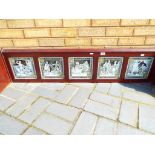 A mahogany panel set with five Minton ceramic tiles marked Moyr Smith each tile approx 21cm x 21cm