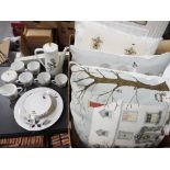A mixed lot to include Sally Swannell prints and cushions and a German coffee set comprising cups,