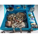 A jewellery box containing a quantity of costume jewellery to include some silver stamped 925,