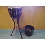 A coopered bucket with wooden plant stand and metal jardiniere approx 90cm (h) [2] Est £20 - £40