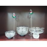 Three glass bowls one signed to the base and two decorative glass flower vases with hand-painted