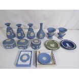 Wedgwood - thirteen pieces of Wedgwood jasper ware, to include vases, pin dish,