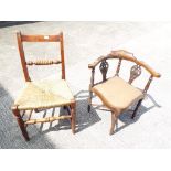 A good quality vintage inlaid corner chair with upholstered seat and an oak occasional chair