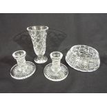 Waterford Crystal - four pieces of Waterford crystal to include a pair of candle sticks,