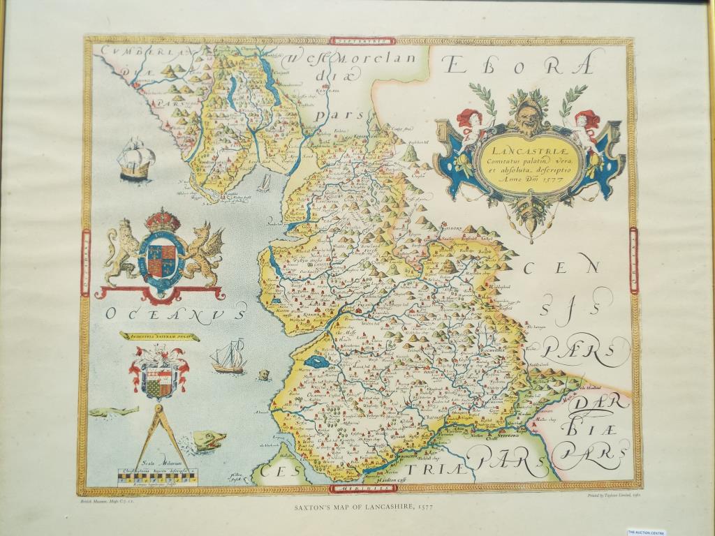 Two framed maps, the first depicting Saxton's Map of Cheshire 1577, - Image 2 of 3