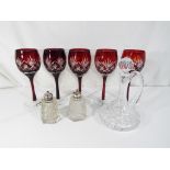 A lot to include five ruby cut to clear drinking glasses, small decanter,