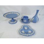 Wedgwood - five pieces of light blue Wedgwood jasper ware, to include small tazza, small vase,