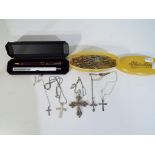 A mixed lot to include five silver crosses necklaces, two boxed pens and a vintage pin in box,