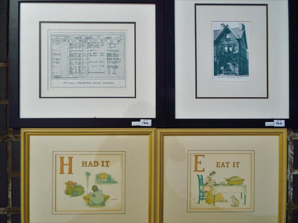 Two Kate Greenaway nursery prints from the book A Apple Pie, mounted and framed under glass,