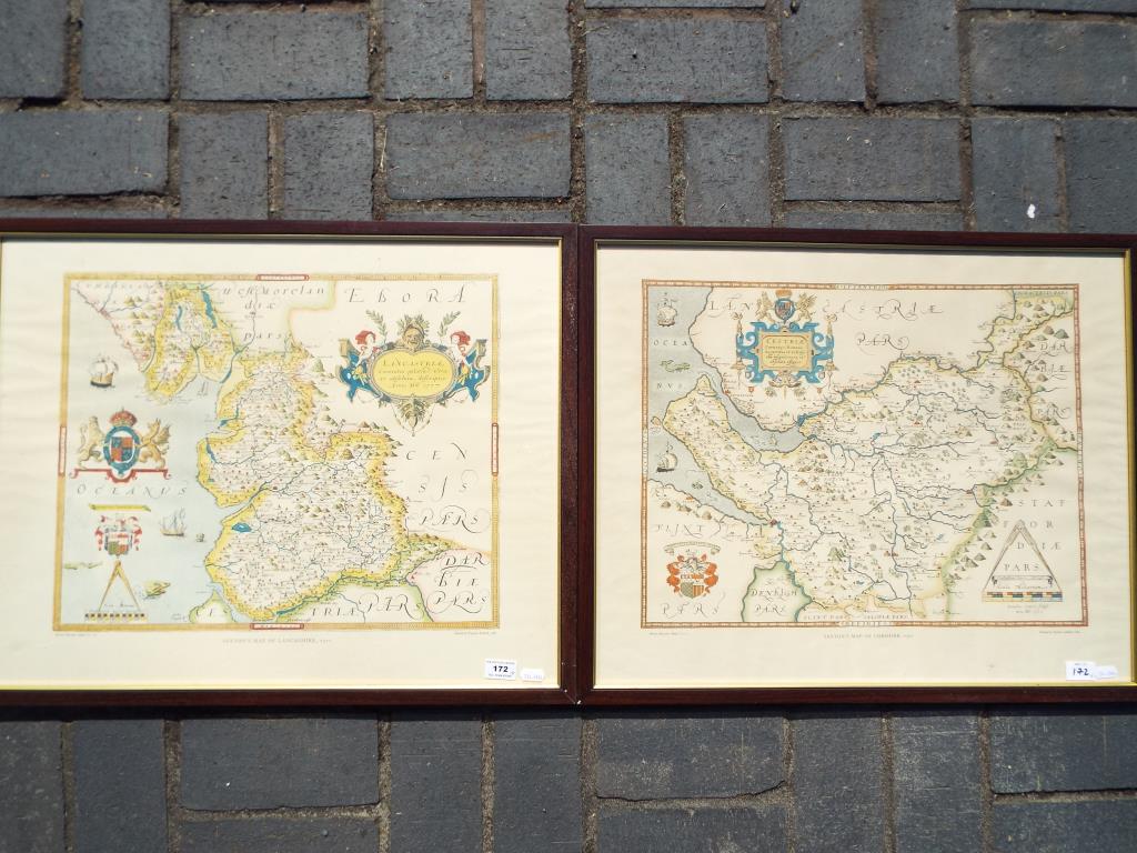 Two framed maps, the first depicting Saxton's Map of Cheshire 1577,