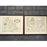 Two framed maps, the first depicting Saxton's Map of Cheshire 1577,