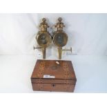 Two wall mountable brass lanterns and an inlaid box,
