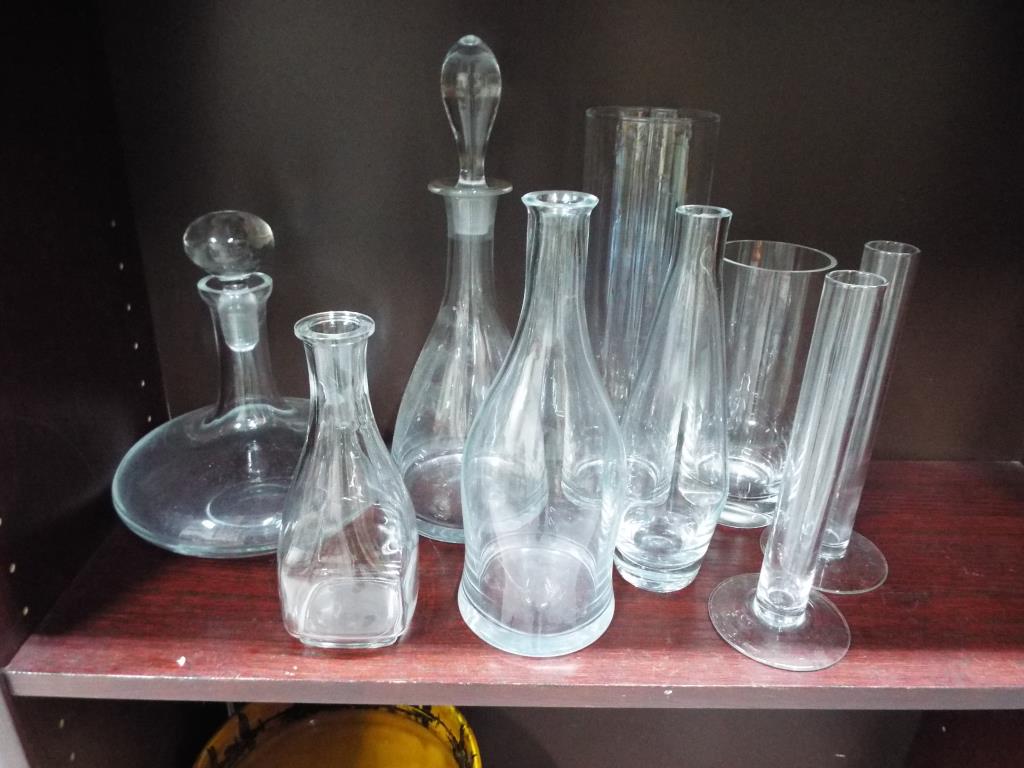 A quantity of glassware to include decanters, vases, a V.Nason & C Murano glass bottle and similar.