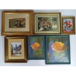 A collection of framed pictures to include oils on board and similar, varying image sizes,