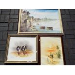 Three framed oils on canvas, two depicting desert scenes, one depicting a lakeside scene,