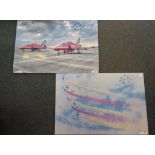 Two canvas prints depicting the Red Arrows, one with planes in flight,