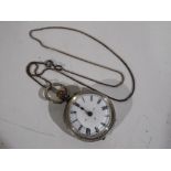 A lady's silver pocket watch and necklace.